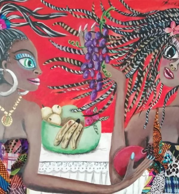 bodegon afro acrilico y telas 60x50 - 100€